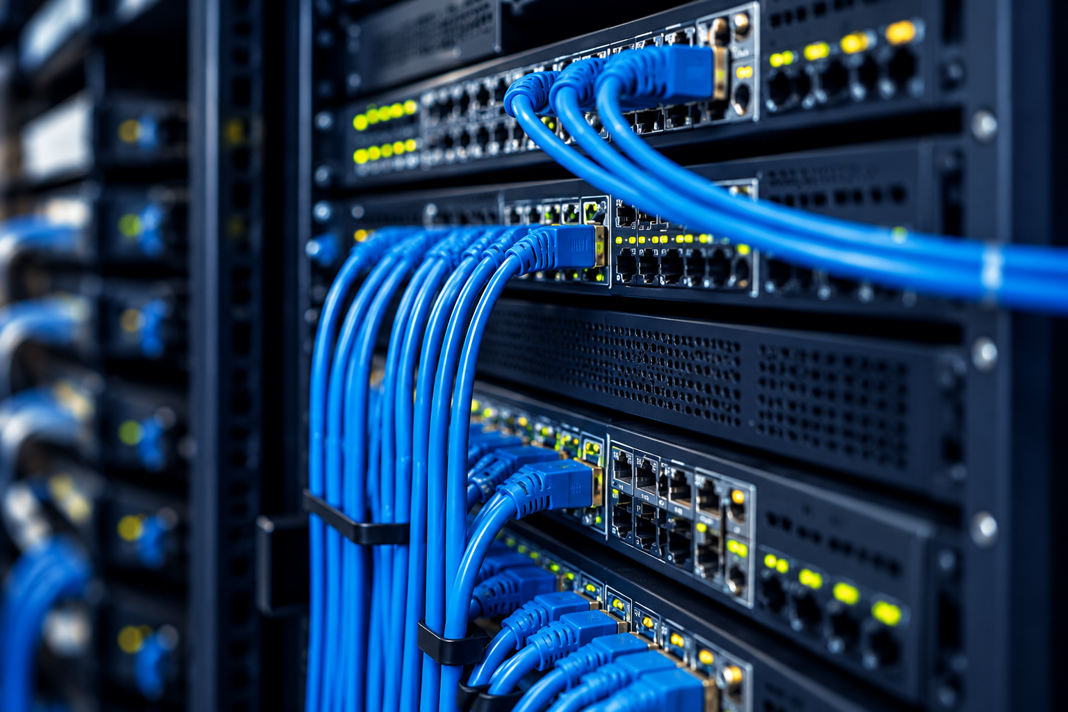 Rack di rete con switch e cavi Ethernet blu