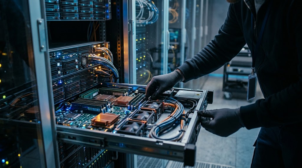 Tecnico al lavoro sui componenti interni di un server in un datacenter